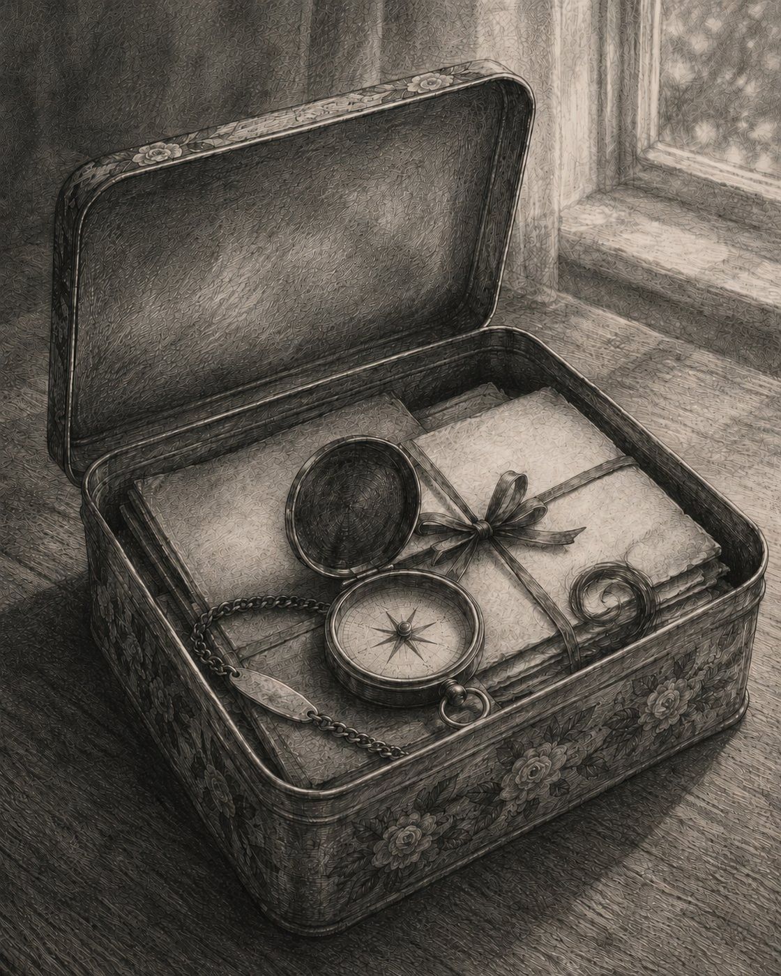 A charcoal illustration of a rose-printed biscuit tin of keepsakes.