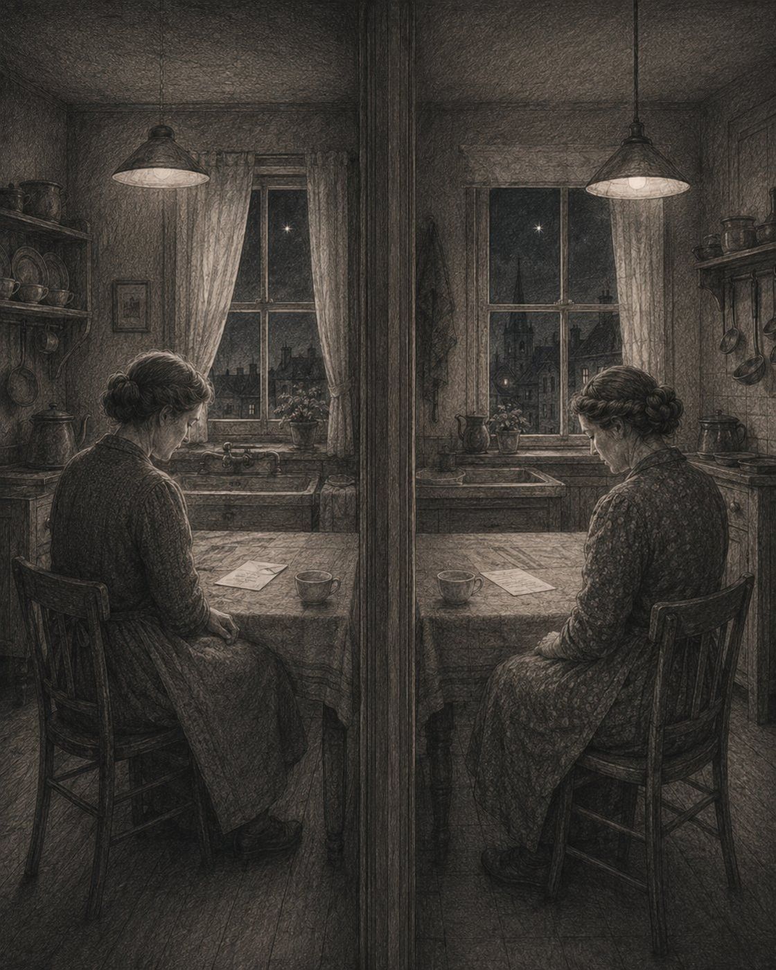 A charcoal illustration of two women at kitchen tables, mirrored.